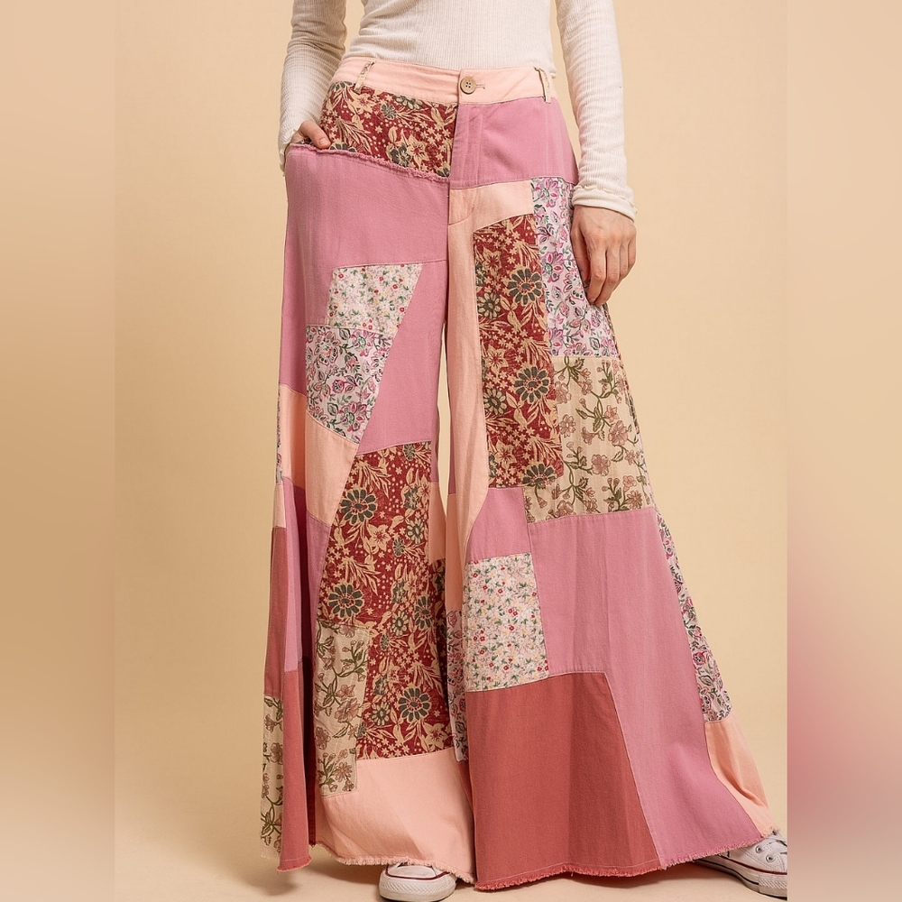Blue Velvet Boho Patchwork Wide-Leg Pants - Pink and Cream Sz Med